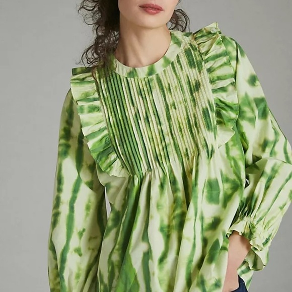 Nwt Anthropologie Emilia Ruffled Tie-Dye Blouse Top Shirt Green Motif New - Picture 9 of 11
